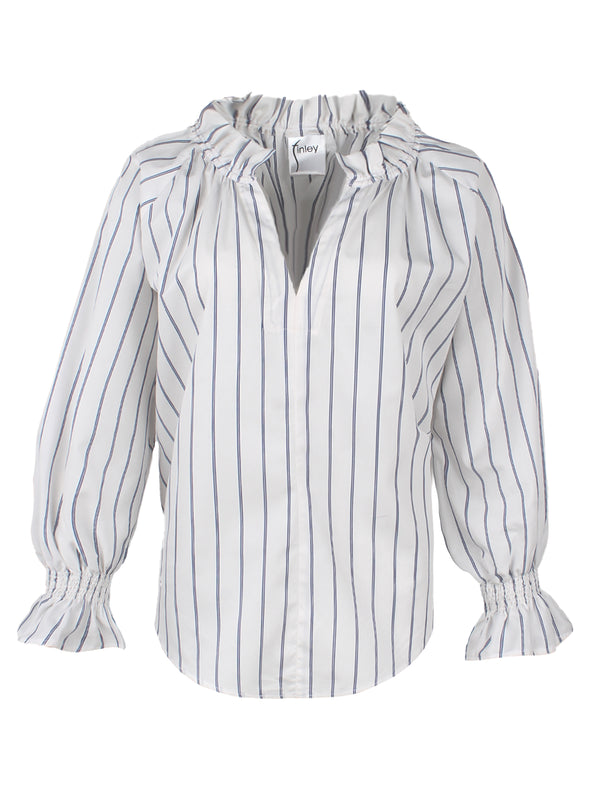 Finley Candace Popover Poplin Shirt With Long Blouson Sleeves In A Blue And White Stripe