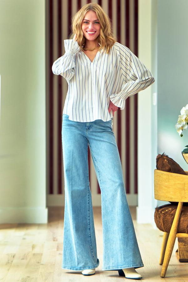 Finley Candace Popover Poplin Shirt With Long Blouson Sleeves In A Blue And White Stripe