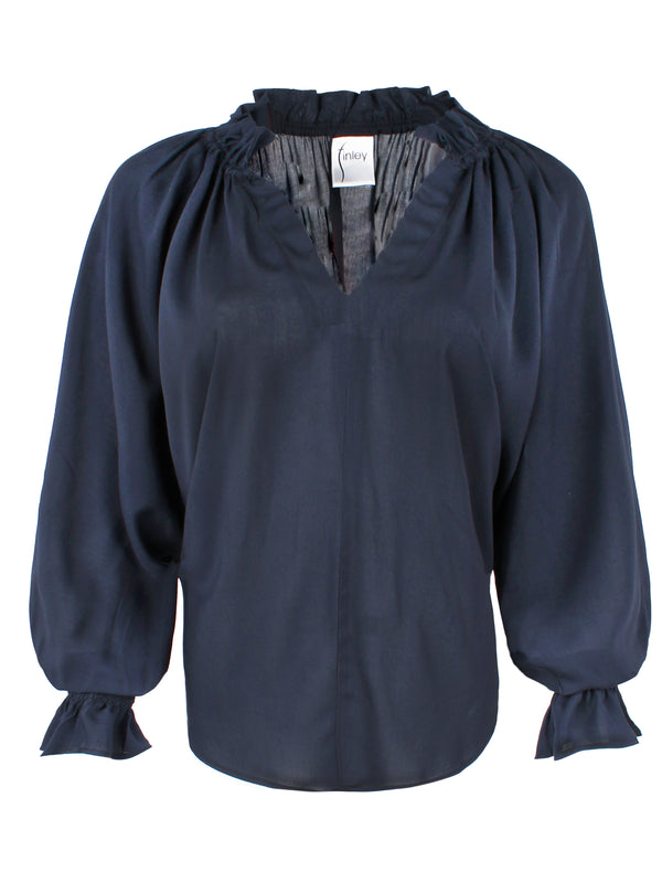 Finley Candace Viscose Voile Popover Top With Long Blouson Sleeves In Navy Blue