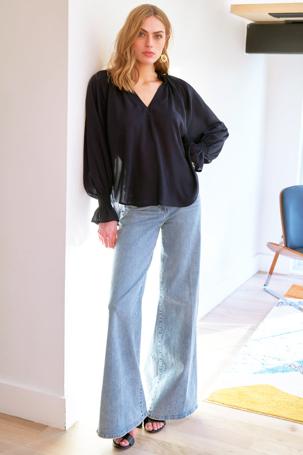finley Candace Viscose voile popover top with long blouson sleeves in navy blue