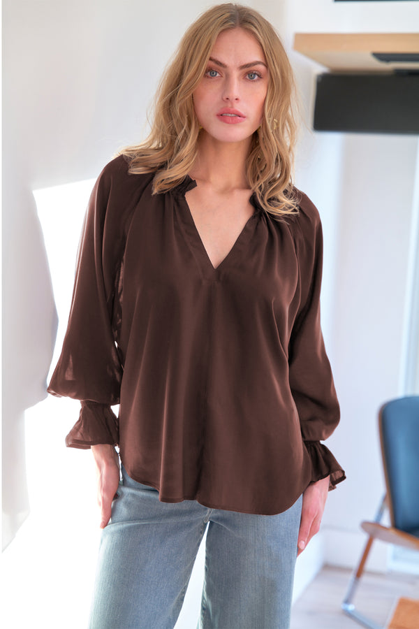 finley Candace Viscose voile popover top with long blouson sleeves and ruffle detail