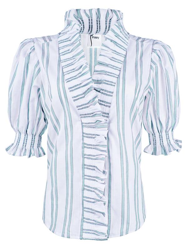 Finley Cici Ruched Aqua Blue Drop Needle Striped Blouse With A Ruffle Neckline And 3/4 Blouson Sleeves