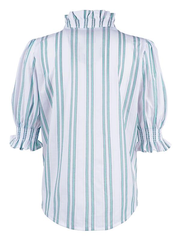 Finley Cici Ruched Aqua Blue Drop Needle Striped Blouse With A Ruffle Neckline And 3/4 Blouson Sleeves