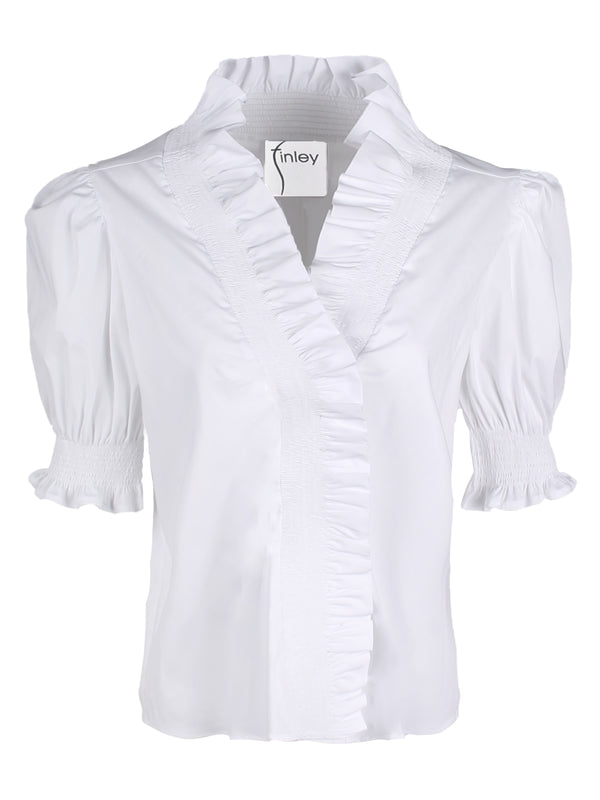 Finley Cici Ruched Solid Poplin Blouse With A Ruffle Neckline And 3/4 Blouson Sleeves