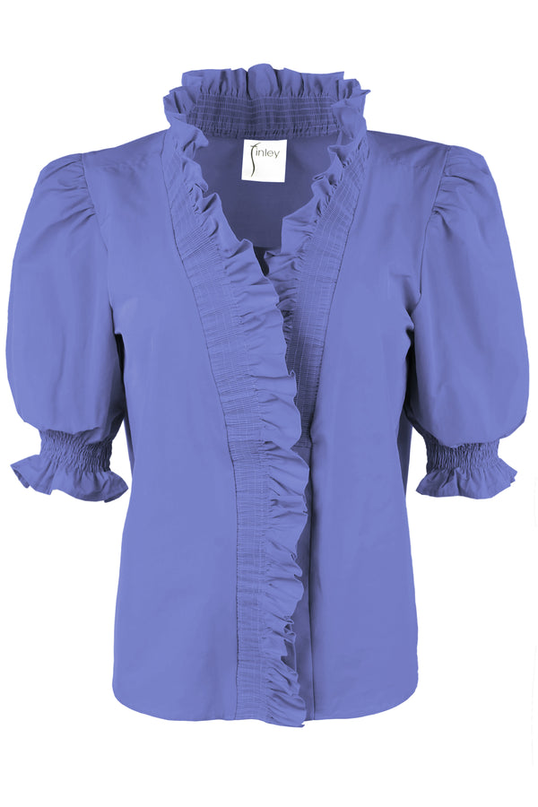 Finley Cici Ruched Solid Poplin Blouse With A Ruffle Neckline And 3/4 Blouson Sleeves