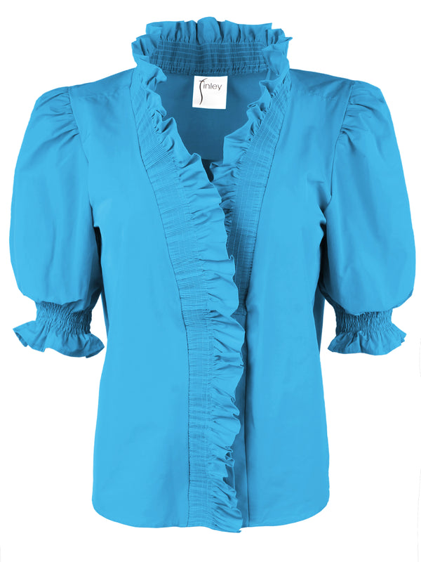 Finley Cici Ruched Solid Poplin Blouse With A Ruffle Neckline And 3/4 Blouson Sleeves