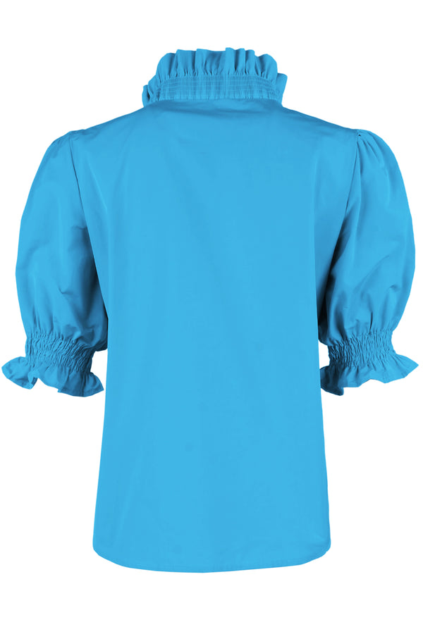 Finley Cici Ruched Solid Poplin Blouse With A Ruffle Neckline And 3/4 Blouson Sleeves