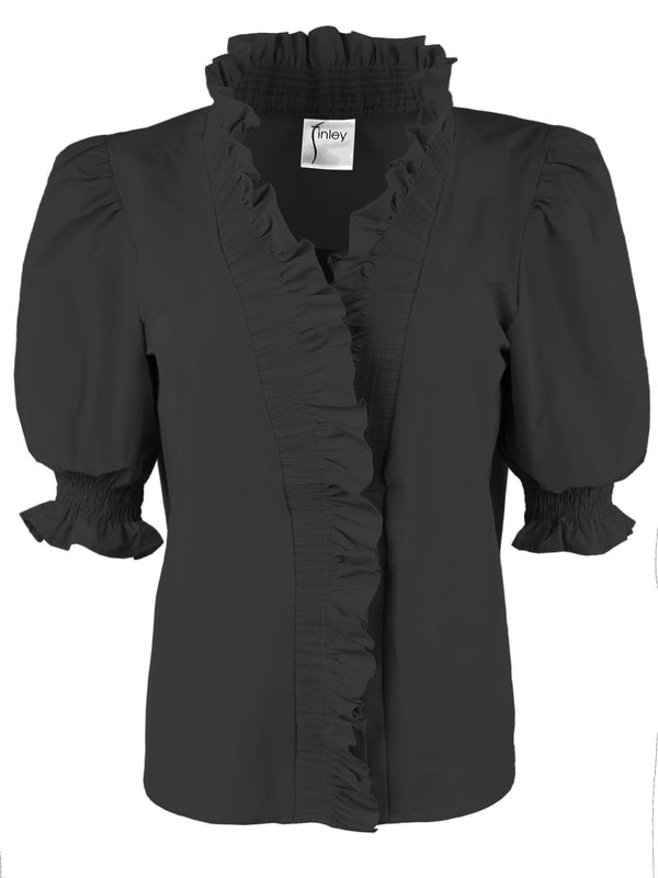 Finley Cici Ruched Solid Poplin Blouse With A Ruffle Neckline And 3/4 Blouson Sleeves