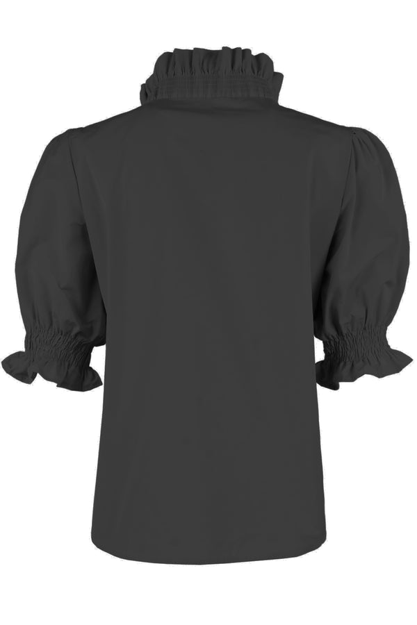Finley Cici Ruched Solid Poplin Blouse With A Ruffle Neckline And 3/4 Blouson Sleeves