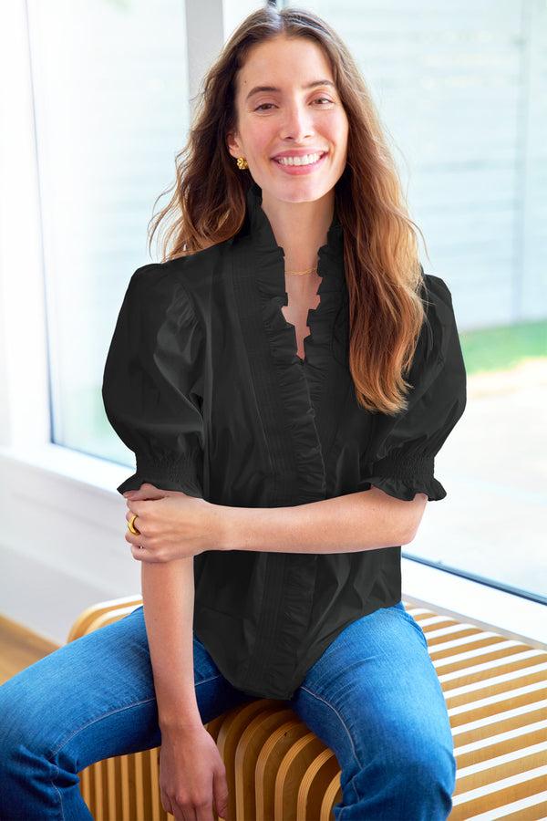 finley Cici Ruched solid poplin blouse with a ruffle neckline and 3/4 blouson sleeves