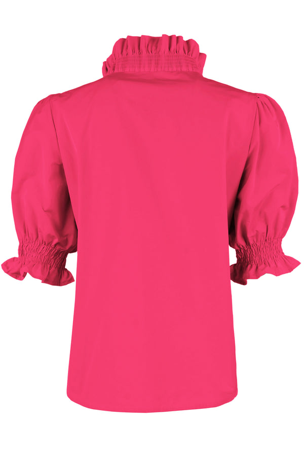 Finley Cici Ruched Solid Poplin Blouse With A Ruffle Neckline And 3/4 Blouson Sleeves