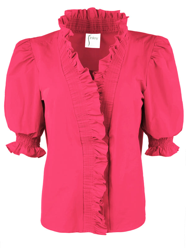 finley Cici Ruched solid poplin blouse with a ruffle neckline and 3/4 blouson sleeves