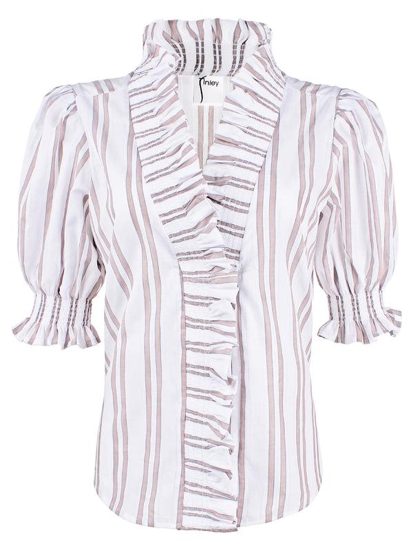 Finley Cici Ruched Tan And White Drop Needle Striped Blouse With A Ruffle Neckline And 3/4 Blouson Sleeves
