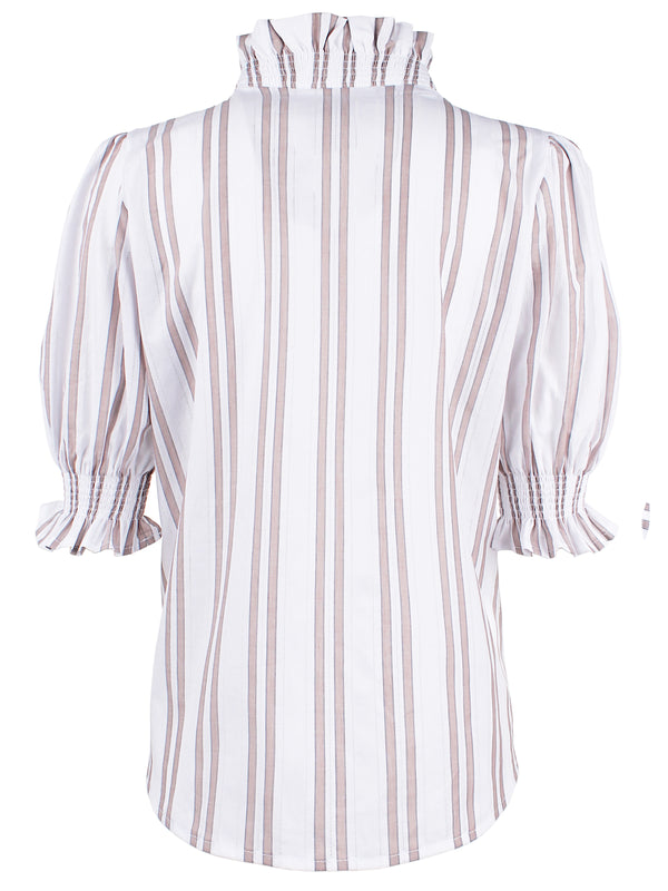 Finley Cici Ruched Tan And White Drop Needle Striped Blouse With A Ruffle Neckline And 3/4 Blouson Sleeves