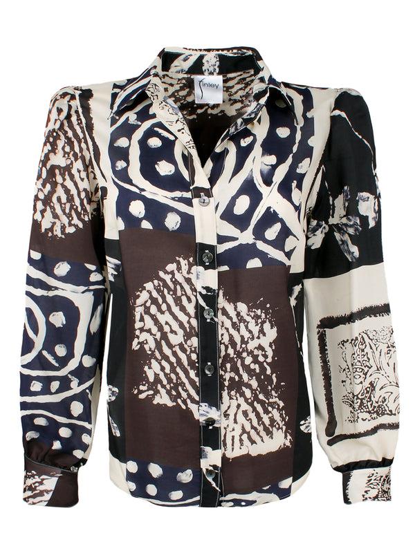 Finley Collette Black Ivory Navy And Brown Print Blouse With Ruffle-tier Cuffs And A Relaxed Shape