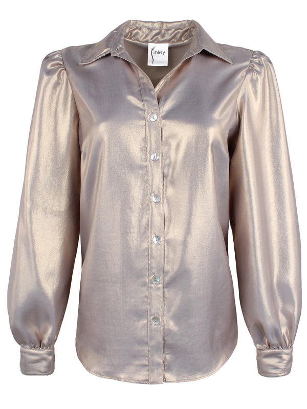 Finley Collette Matte Gold Blouse With Ruffle-tier Cuffs And A Relaxed Shape