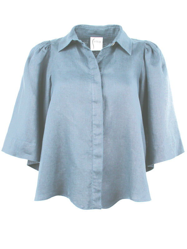 finley Collin Light blue solid linen blouse with a an oversized shape and cape sleeves
