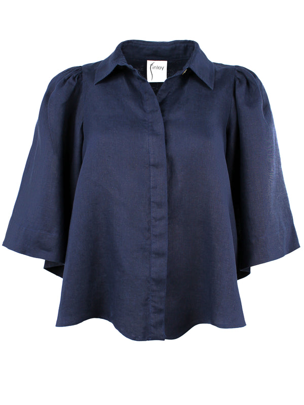 Finley Collin Navy Solid Linen Blouse With A An Oversized Shape And Cape Sleeves