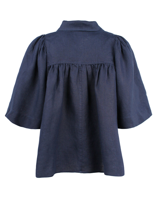 Finley Collin Navy Solid Linen Blouse With A An Oversized Shape And Cape Sleeves