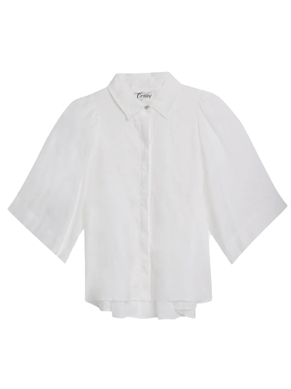 Finley Collin White Solid Linen Blouse With A An Oversized Shape And Cape Sleeves