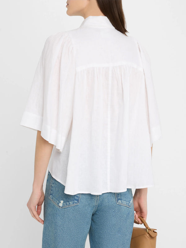 Finley Collin White Solid Linen Blouse With A An Oversized Shape And Cape Sleeves