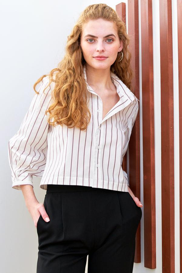 Finley Crop Emmy Cropped Poplin Shirt With Pleated Cuffs And Blue Pinstripes