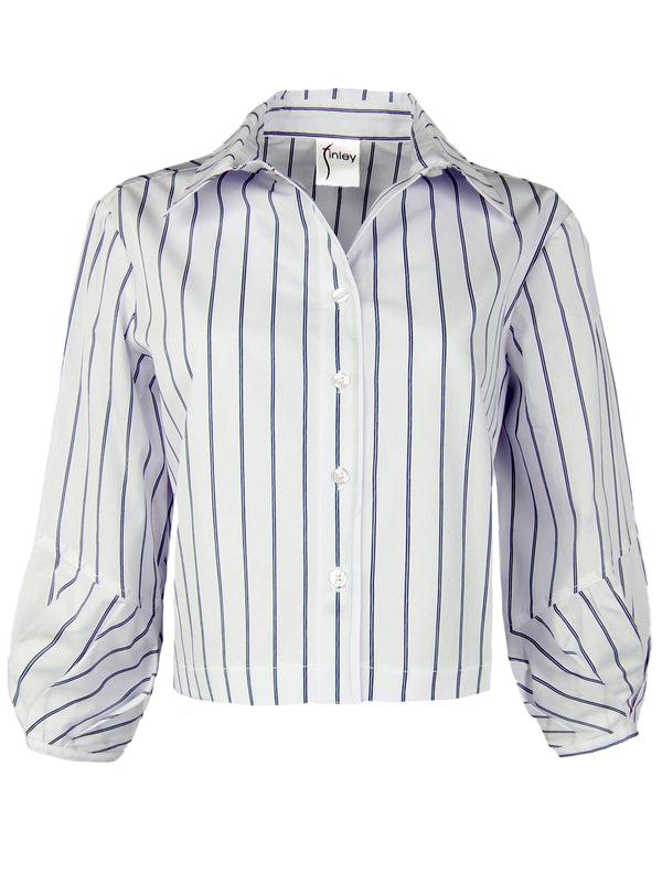 finley Crop Emmy Cropped poplin shirt with pleated cuffs and blue pinstripes