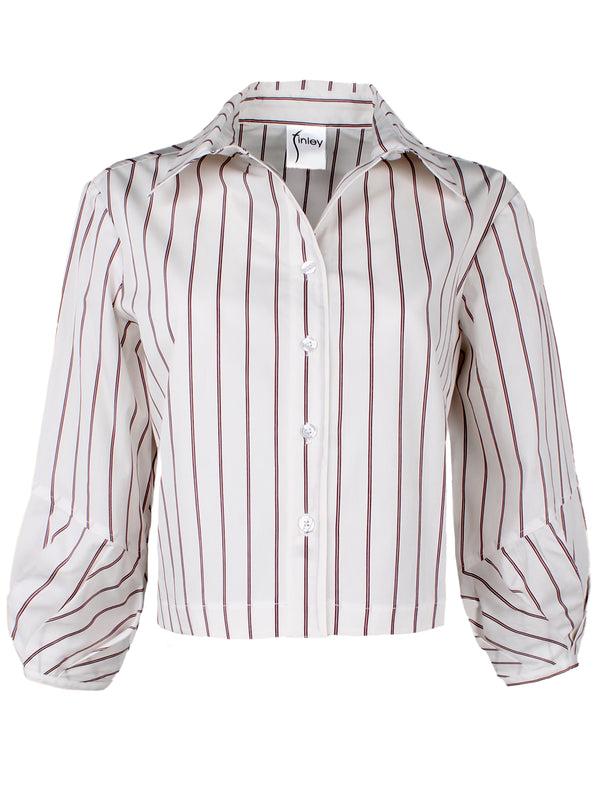 Finley Crop Emmy Cropped Poplin Shirt With Pleated Cuffs And Red Pinstripes