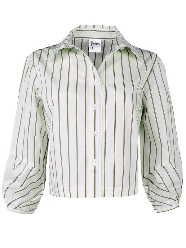 finley Crop Emmy Cropped poplin shirt with pleated cuffs and olive pinstripes