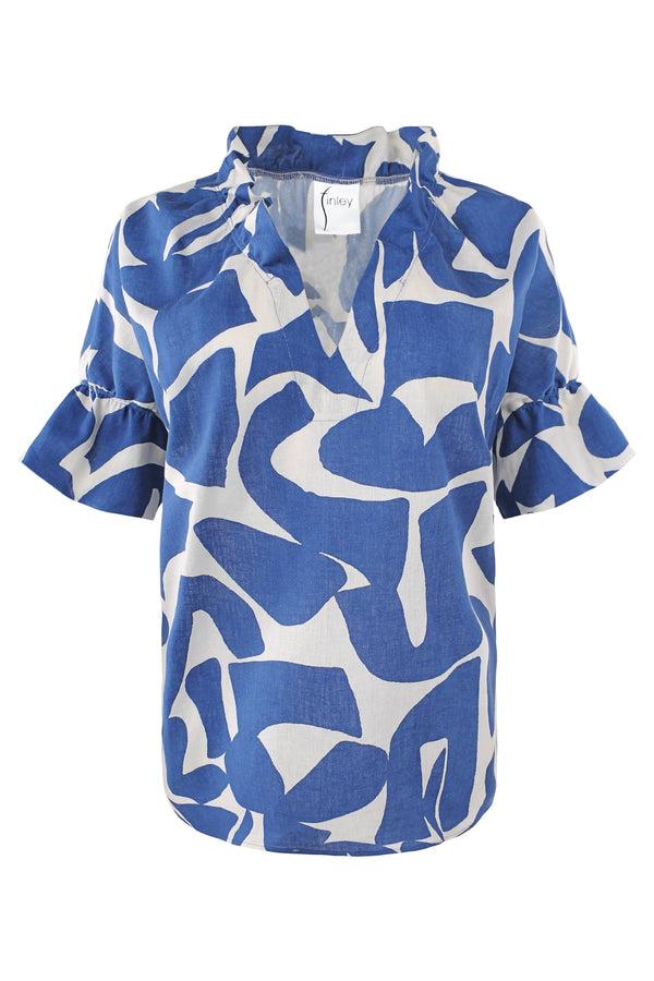 Finley Crosby Blue And Natural Puzzle Print Linen/cotton Blend Pullover Blouse With Ruffle Collar & Sleeve Detail
