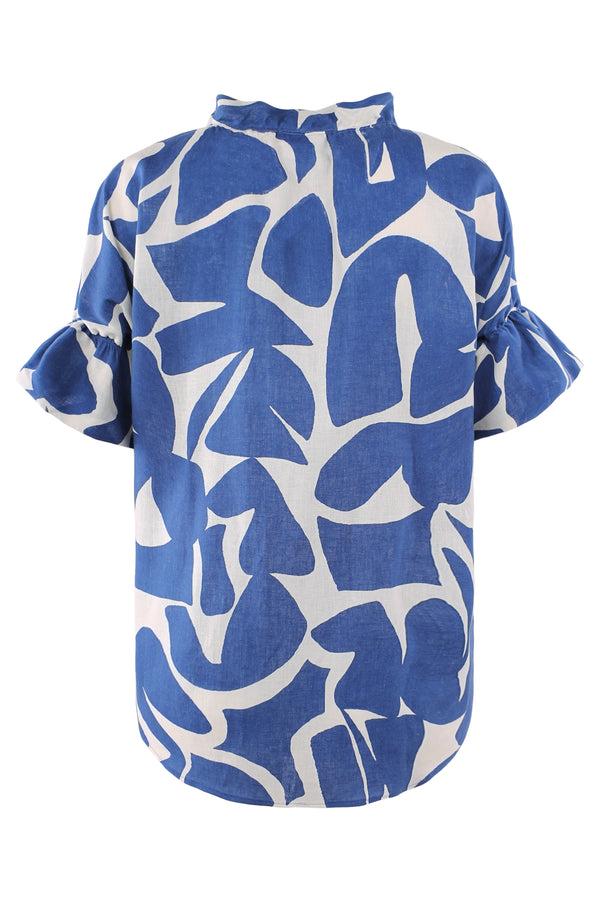Finley Crosby Blue And Natural Puzzle Print Linen/cotton Blend Pullover Blouse With Ruffle Collar & Sleeve Detail