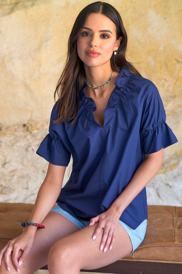 finley Crosby Navy poplin pullover blouse with ruffle collar & sleeve detail