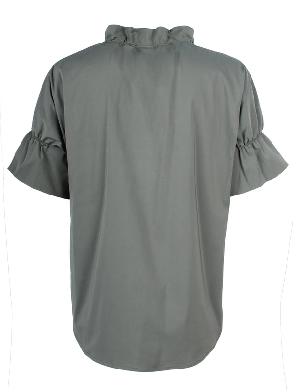 Finley Crosby Olive Poplin Pullover Blouse With Ruffle Collar & Sleeve Detail