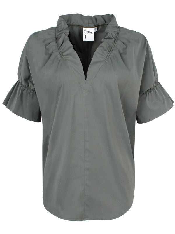 finley Crosby Olive poplin pullover blouse with ruffle collar & sleeve detail