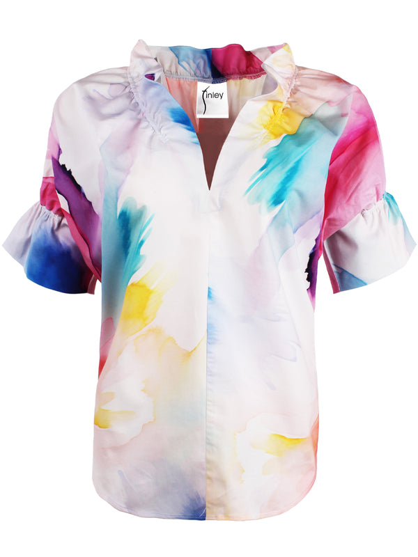 Finley Crosby Pastel Abstract Watercolor Print Cotton Pullover Blouse With Ruffle Collar & Sleeve Detail