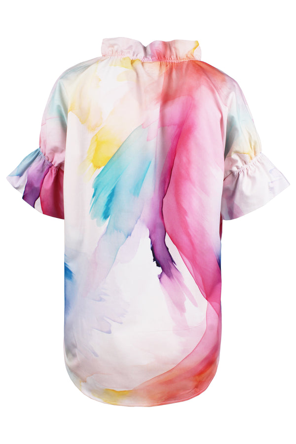 Finley Crosby Pastel Abstract Watercolor Print Cotton Pullover Blouse With Ruffle Collar & Sleeve Detail