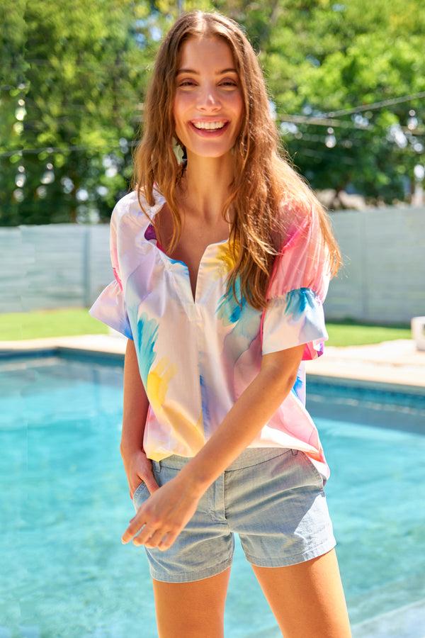 finley Crosby Pastel abstract watercolor print cotton pullover blouse with ruffle collar & sleeve detail