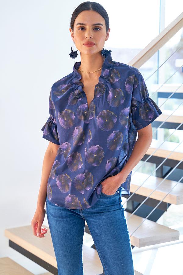 finley Crosby Purple print cotton pullover blouse with ruffle collar & sleeve detail