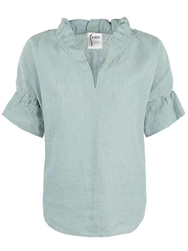 Finley Crosby Short Sleeve Popover With Ruffle Collar And Sleeve Accents In Seaglass Green Washed Linen