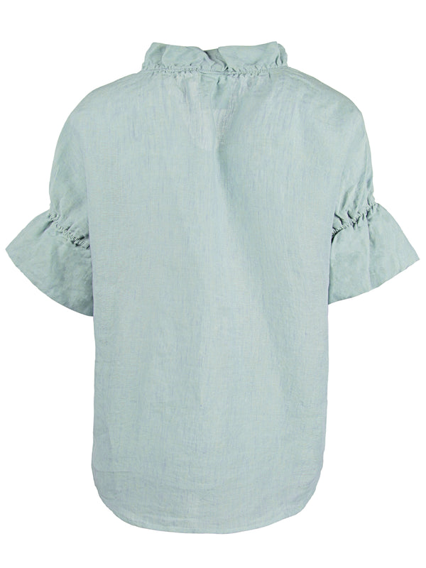 Finley Crosby Short Sleeve Popover With Ruffle Collar And Sleeve Accents In Seaglass Green Washed Linen