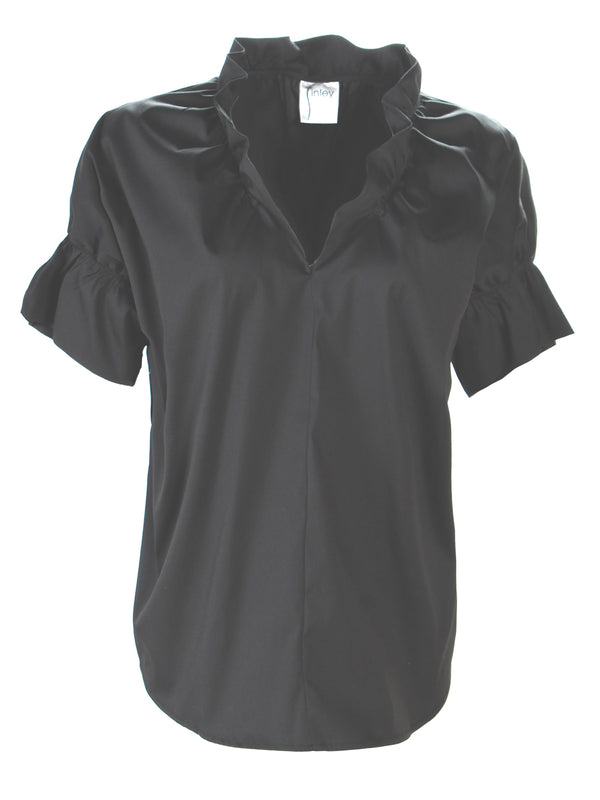 Finley Crosby Silky Black Poplin Shirt With A Ruffle Collar & Sleeve And A Relaxed Shape