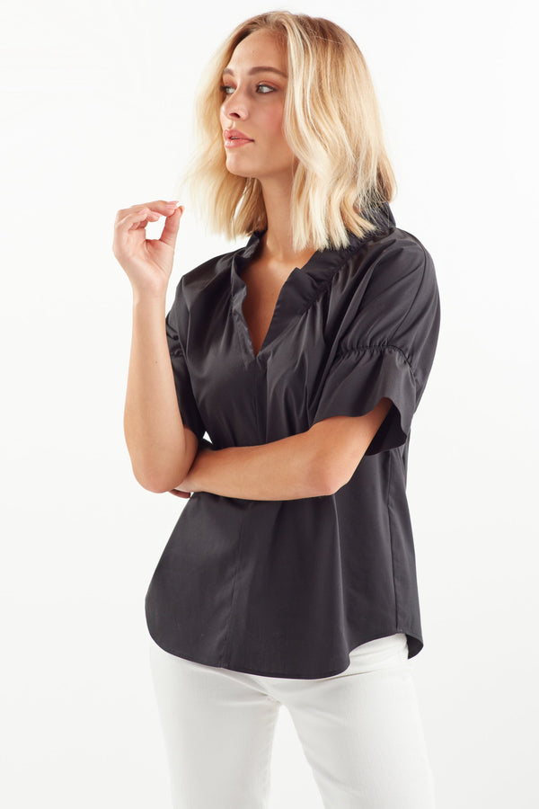 Finley Crosby Silky Black Poplin Shirt With A Ruffle Collar & Sleeve And A Relaxed Shape