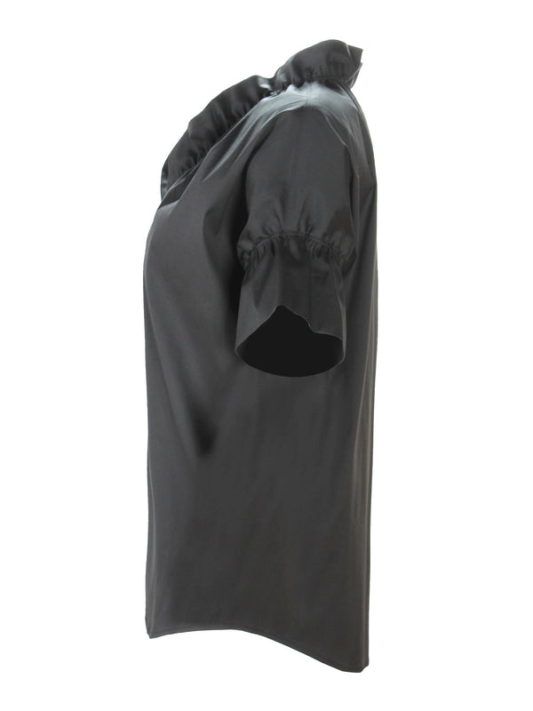 Finley Crosby Silky Black Poplin Shirt With A Ruffle Collar & Sleeve And A Relaxed Shape