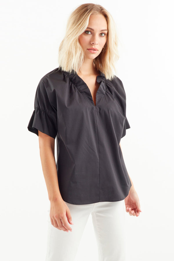 finley Crosby Silky black poplin shirt with a ruffle collar & sleeve and a relaxed shape