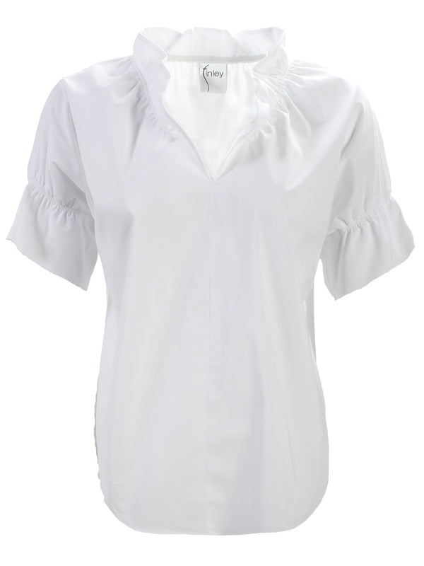 Finley Crosby Silky White Poplin Blouse With Ruffle Collar & Sleeve Detail