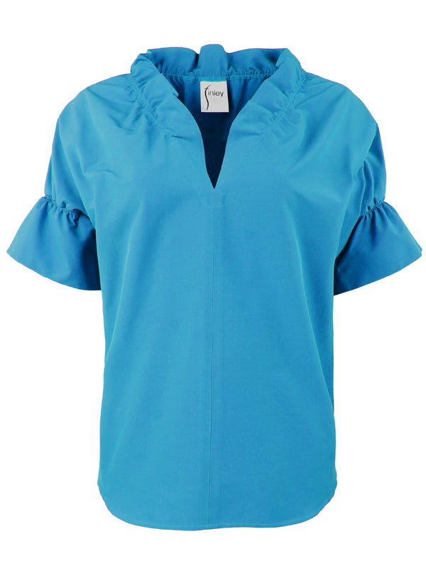 finley Crosby Turquoise blue stretch pullover blouse with ruffle collar & sleeve detail