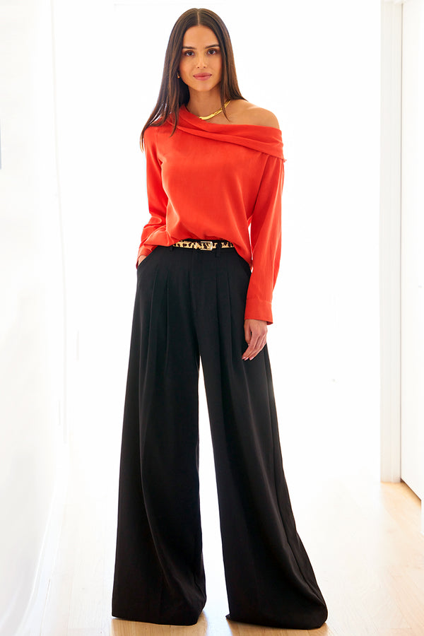 Finley Dani Asymmetric Popover Long Sleeve Off-shoulder Top With A Foldover Neckline And A Relaxed Contour