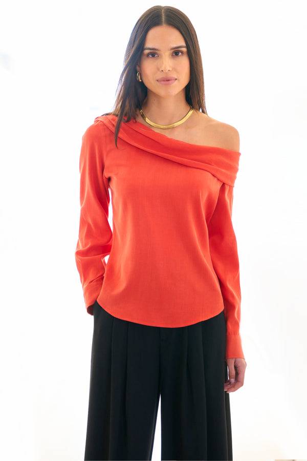 finley Dani Asymmetric popover long sleeve off-shoulder top with a foldover neckline and a relaxed contour