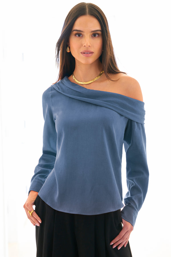 finley Dani Asymmetric popover long sleeve off-shoulder top with a foldover neckline and a relaxed contour