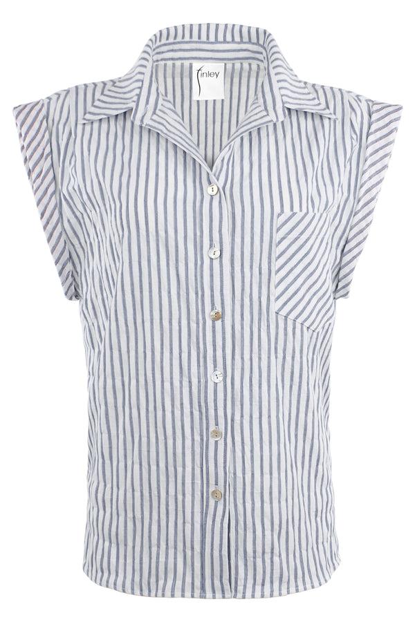Finley Daryl Cap Sleeve Gray Textured Stripe Shirt With Chest Pocket And A Shirttail Hem